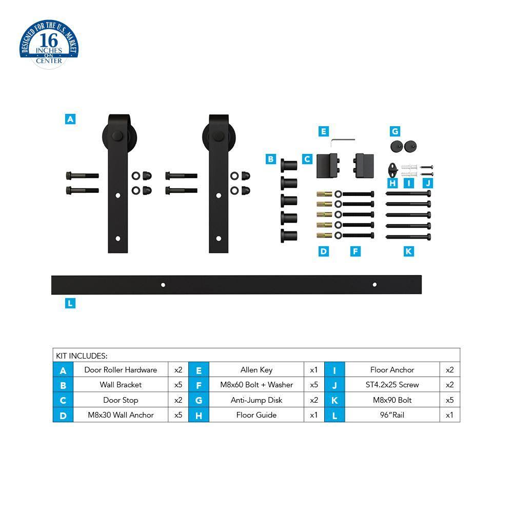 American Pro Decor Black Solid Steel Sliding Rolling Barn Door Hardware 8 ft. Kit for Single Wood Doors