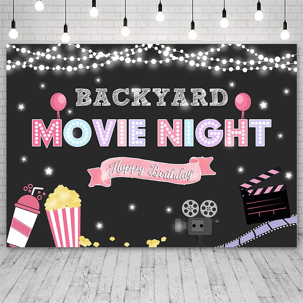 ABLIN 7x5ft Pink Girl Movie Night Backdrop Backyard Projector Popcorn Sparkling Drink Background Happy Birthday Party Decorations Cake Table Banner Decor Props Supplies
