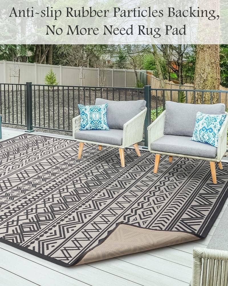 MontVoo-5 x 8 Outdoor Rug Carpet Non Slip Machine Washable Area Rugs Boho Outdoor Patio Decor Black and White Outdoor Rug Geometric Rubber Backed Indoor Outdoor Rugs for Living Room Balcony Deck Porch