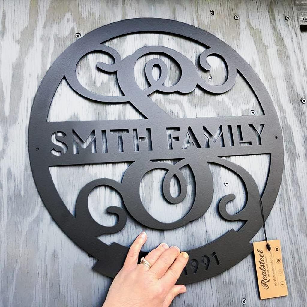 RealSteel Family Name Monogram, Personalized Family Name Metal Sign, Est Year Established Date Custom Split Letter, Perfect for Fireplace Mantels, Living Rooms, Foyers, Front Porches, Driveway Gates