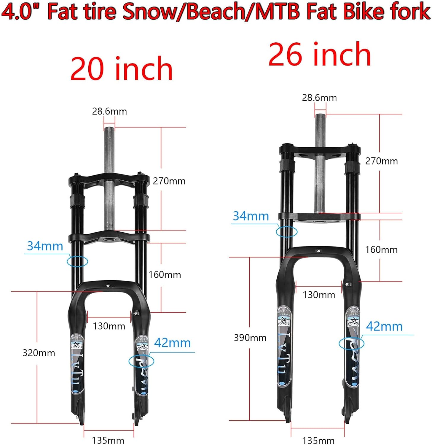 LvTu 20/26 Inch MTB Fat Bike Fork 4.0 Inch Tire Snow/Beach Downhill Suspension Forks Travel 160mm for Mountain Bike BMX E-Bike