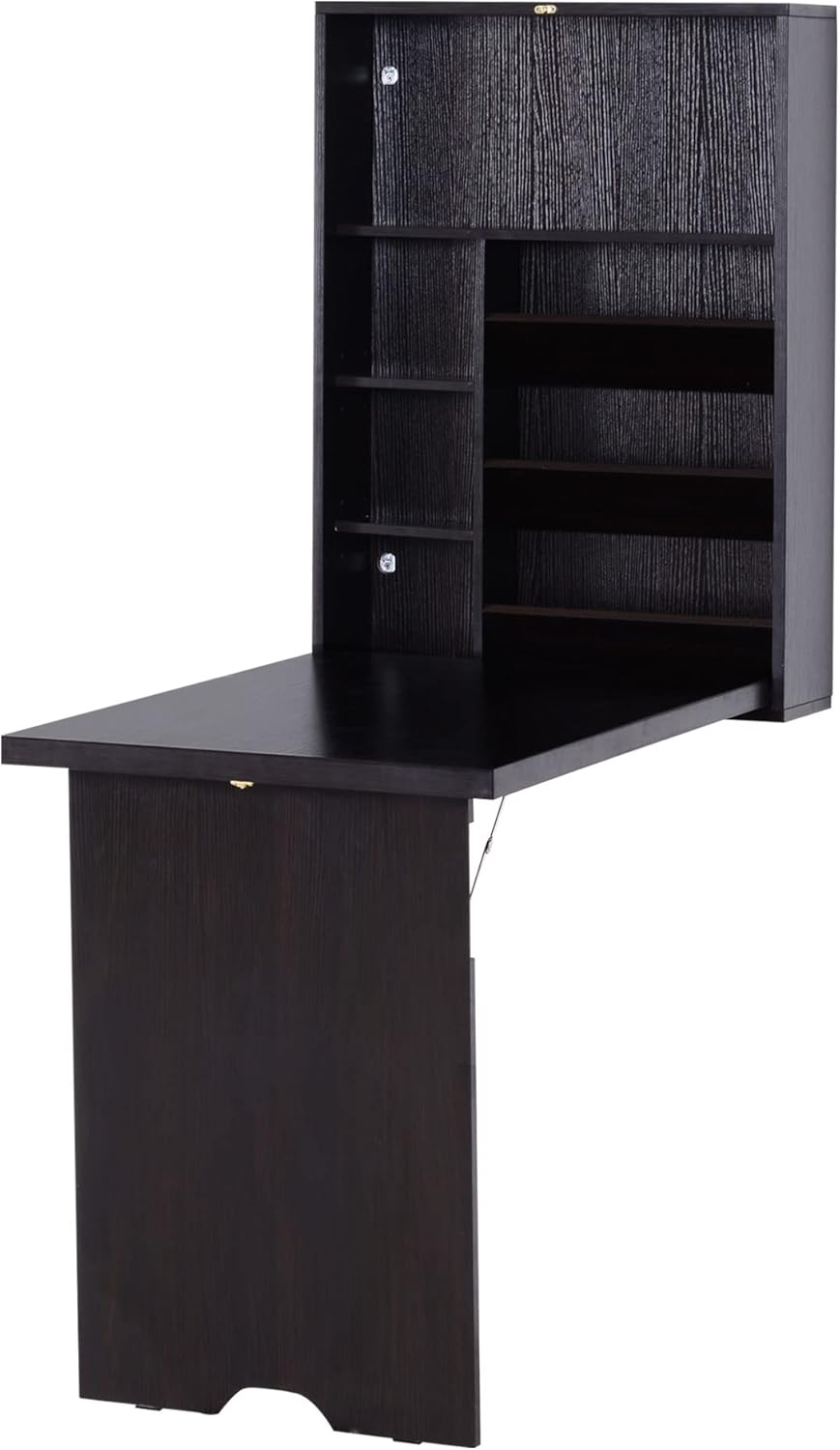 HOMCOM Compact Fold Out Wall Mounted Convertible Desk with Storage, Mahogany