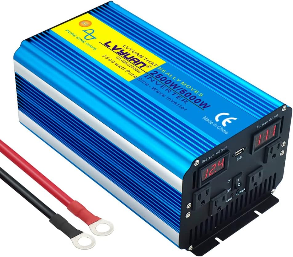 Cantonape 2500 Watt Pure Sine Wave Power Inverter 12V DC to 120V AC Converter with 4 AC Outlets and 3.1A USB Port & LED Display for Car RV Truck Boat Travel Emergency