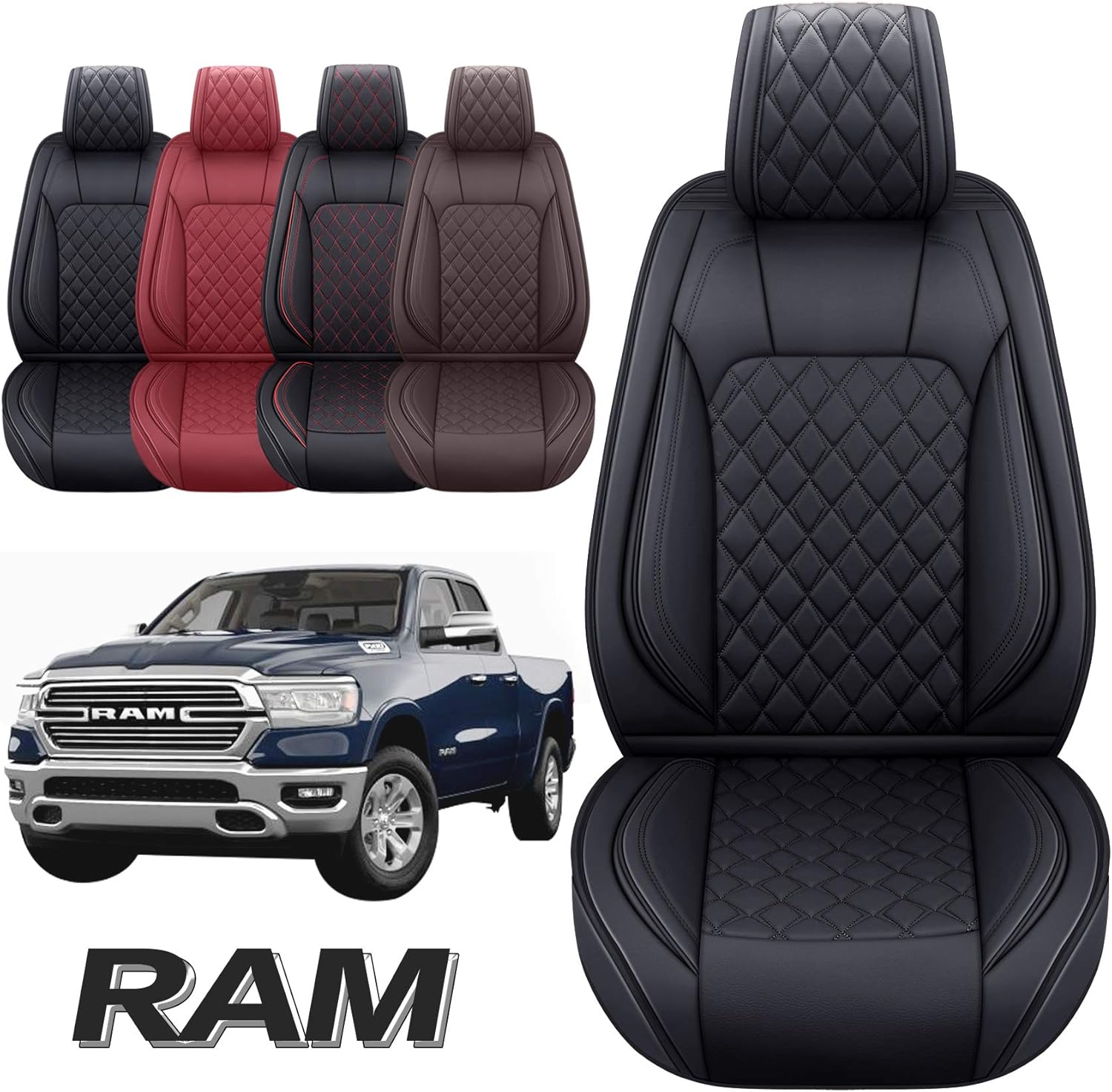 Aierxuan Dodge Ram Front Seat Covers Custom Fit 2009-2022 1500 2500 3500 Crew Quad Regular Cab Truck Pickup Waterproof Leather Airbag Compatible Cushions(2 PCS Front/Black-Red)