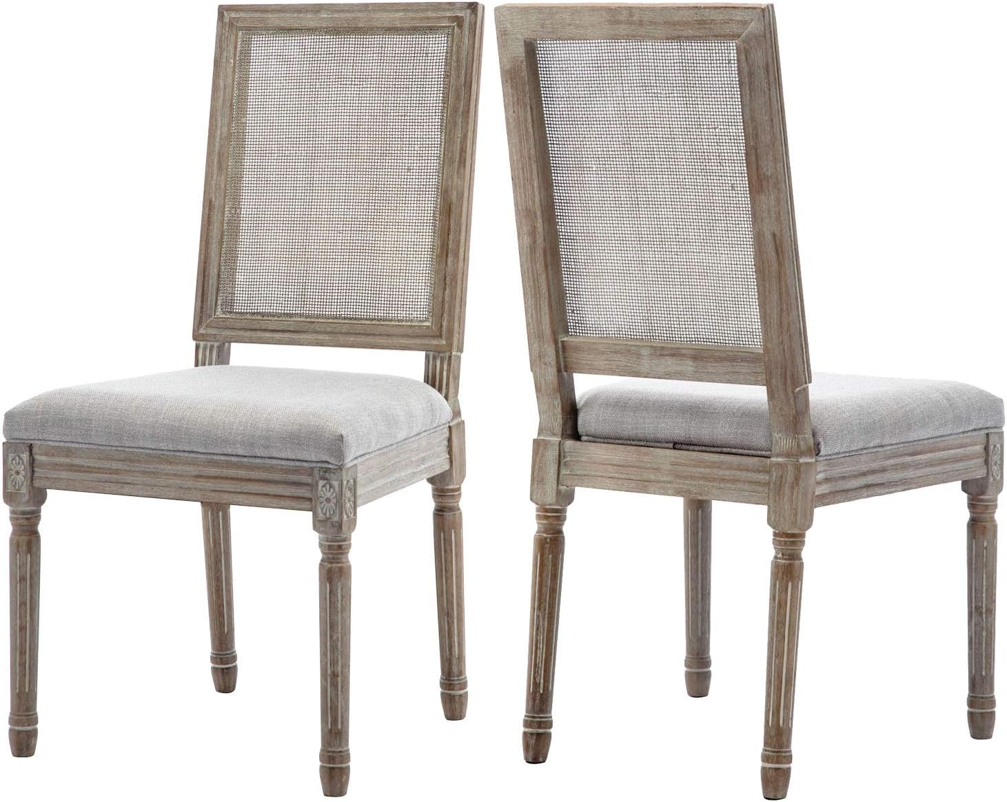 Farmhouse Dining Room Chairs, Fabric French Distressed Bedroom Chairs with Rectangle Rattan Back, Elegant Tufted Kitchen Chairs, Set of 2, Beige