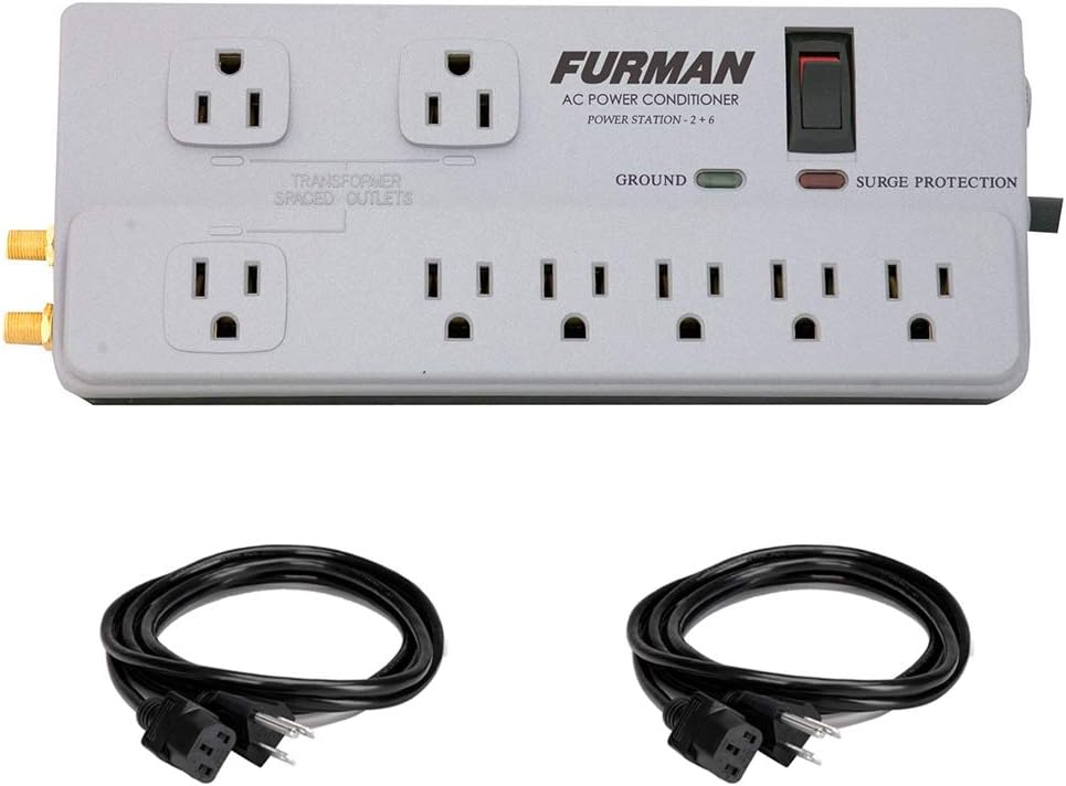 Furman PST-2+6 Power Station Home Theater Power Conditioner with (2) Extension Cable (18 AWG, Black, 3') Bundle Pack of 2