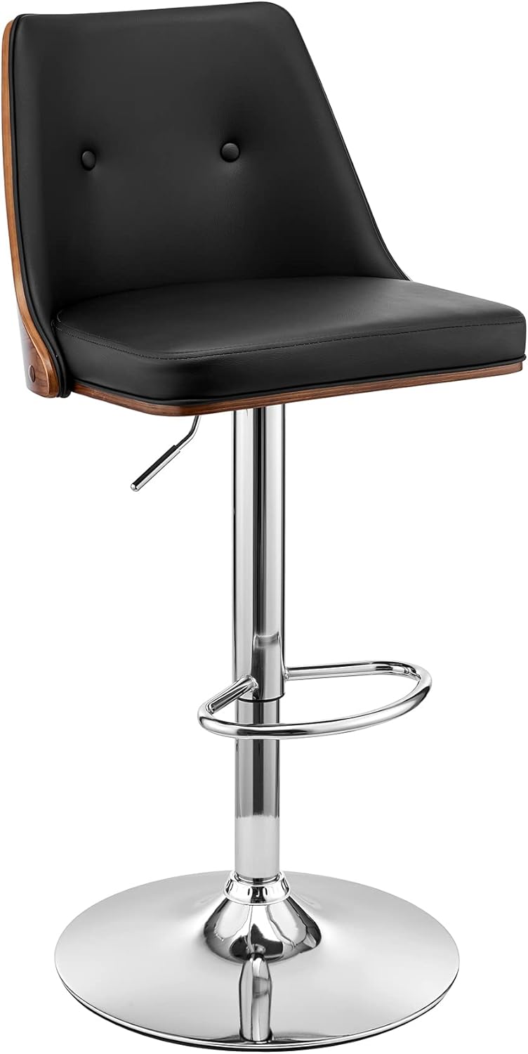 Jacob Adjustable Swivel Black Faux Leather and Walnut Wood Bar Stool with Chrome Base