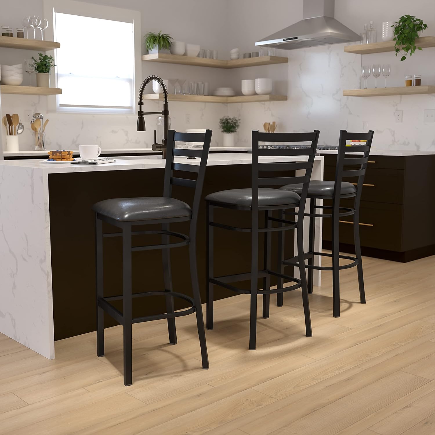 Flash Furniture HERCULES Series Black Ladder Back Metal Restaurant Barstool - Black Vinyl Seat