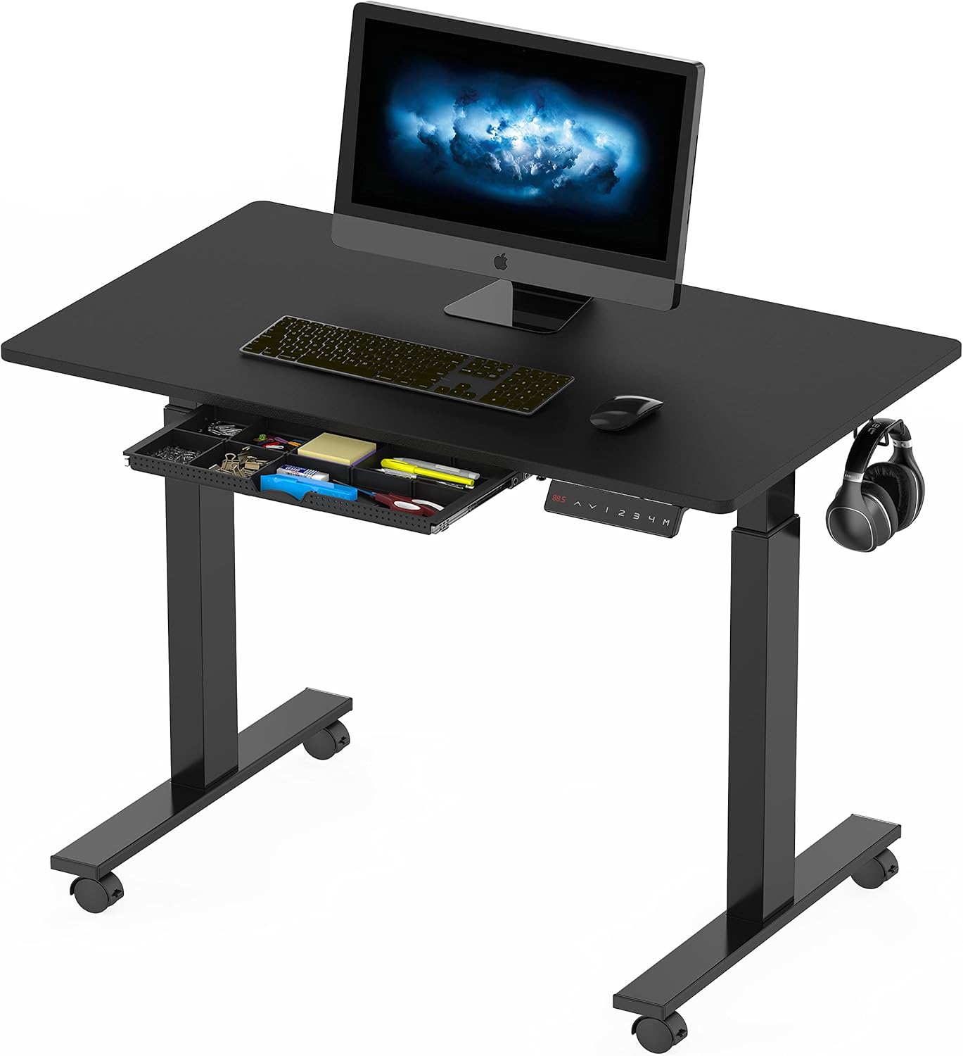 SHW Electric Height Adjustable Mobile Rolling Standing Desk Workstation, 40 x 24 Inches, Black