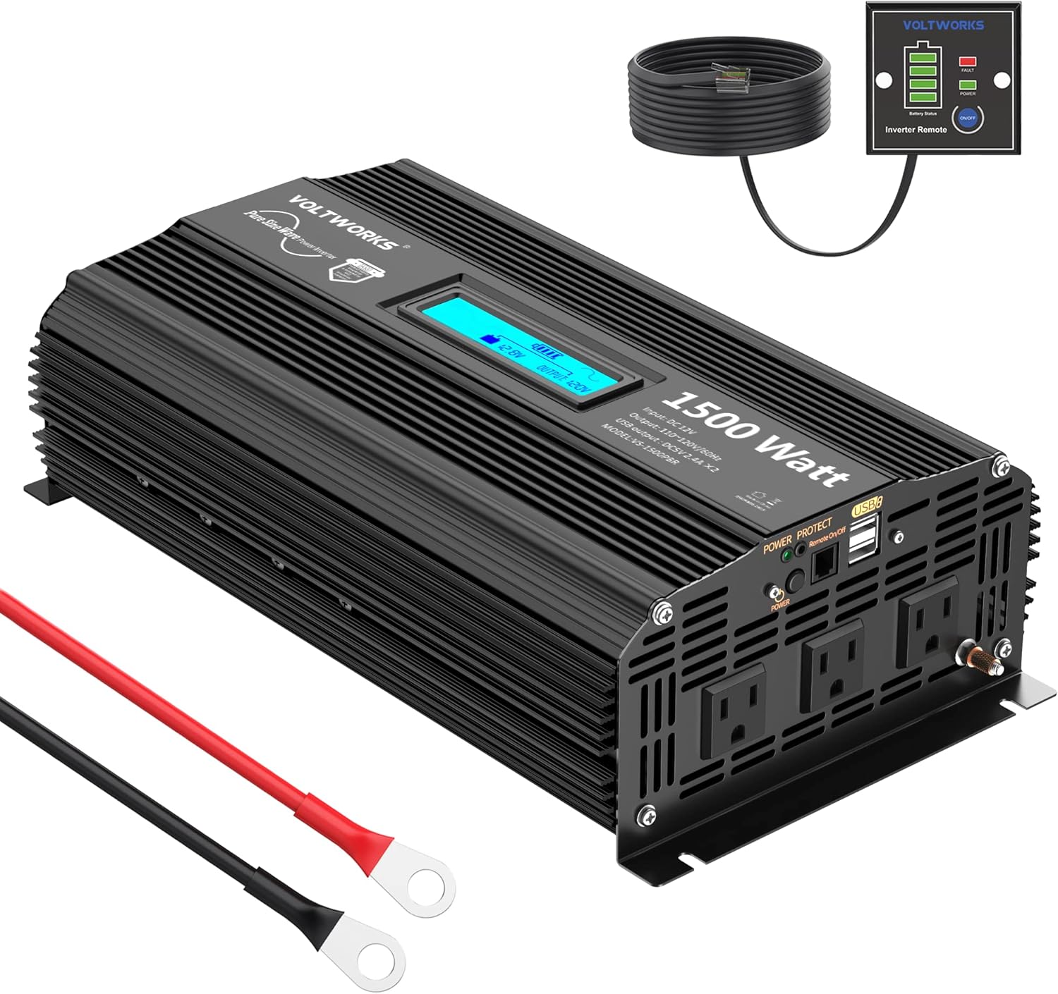 VOLTWORKS 1500W Pure Sine Wave Power Inverter 1500 watt DC 12v to AC 110v-120v with 2x2.4A Dual USB Ports 3 AC Outlets and Remote Control LCD Display for Home RV Truck[3 Years Warranty]