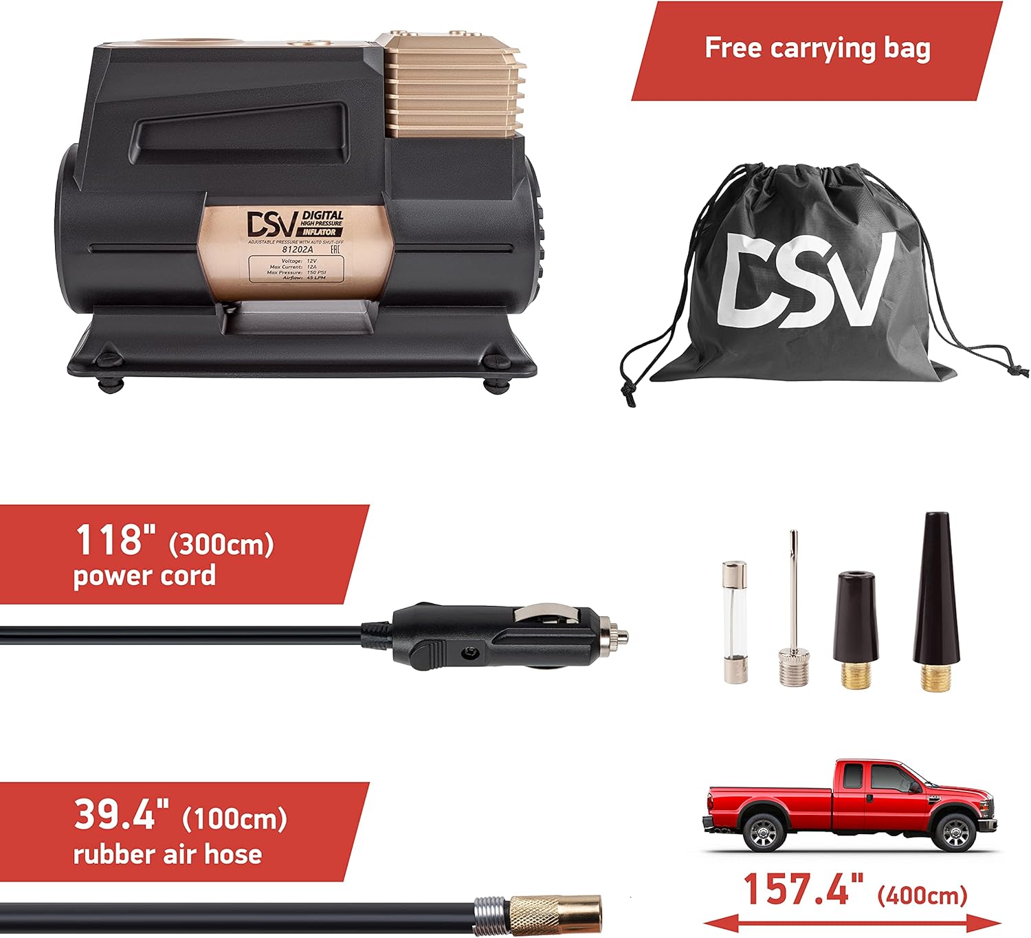 DSV Standard {2021} Digital Single Cylinder Portable Air Compressor 150PSI Tire Inflator with Auto Shut Off, 12V DC Air Pump for Car Tires with Digital Pressure Gauge and Upgraded Led Light Pack of 2