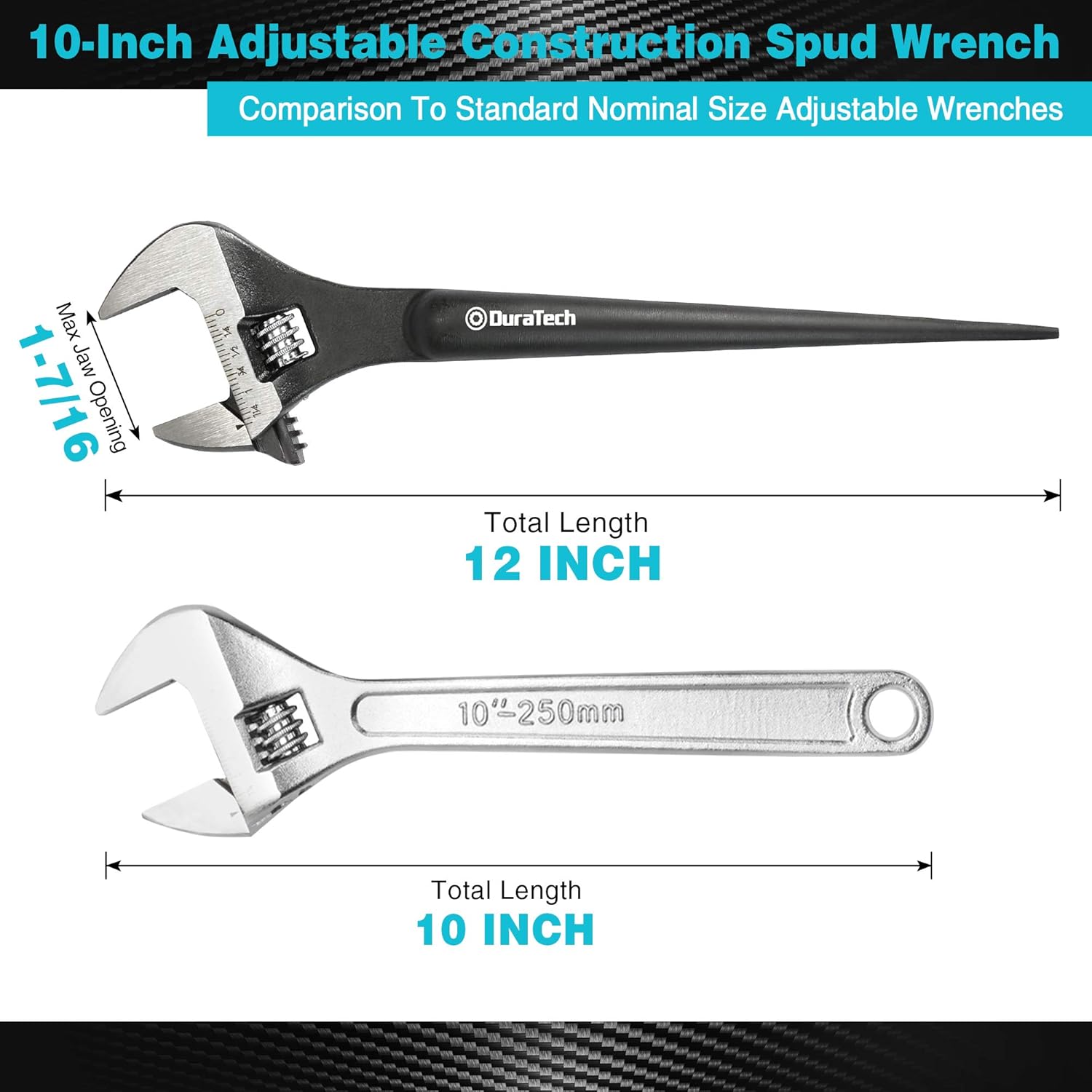 DURATECH 10-Inch Adjustable Construction Spud Wrench, Black Oxide Finish, Forged Cr-V, SAE and Metric Scale Marked, Pointed Tail Crowbar Function