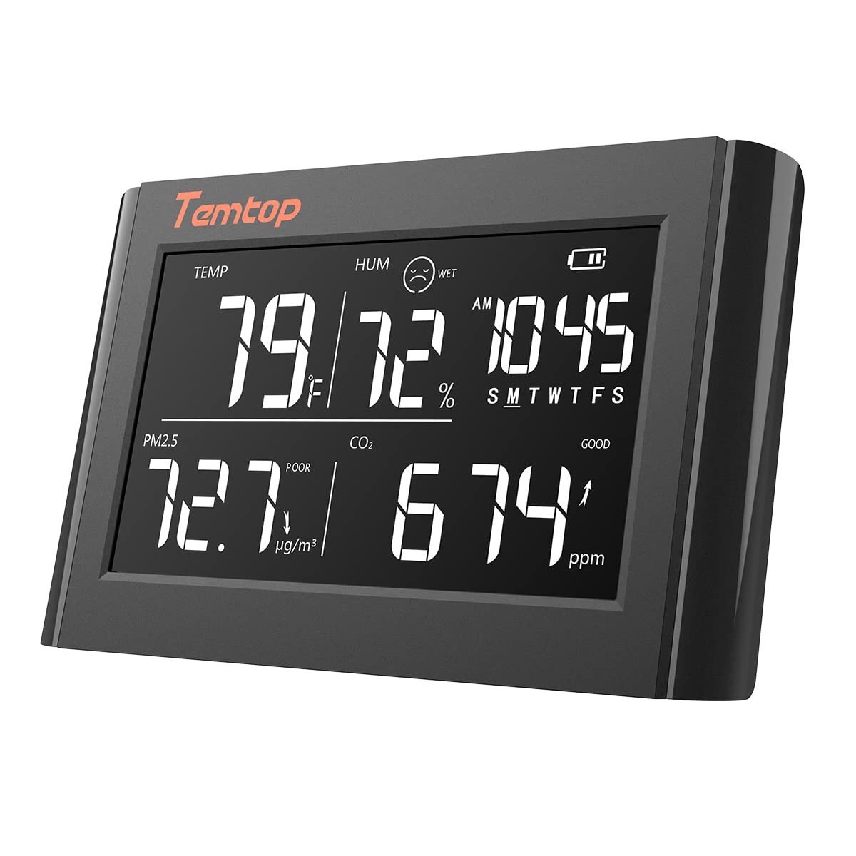 Temtop CO2 Monitor PM2.5 Indoor Air Quality Monitor Thermometer Data Export P20C - Black