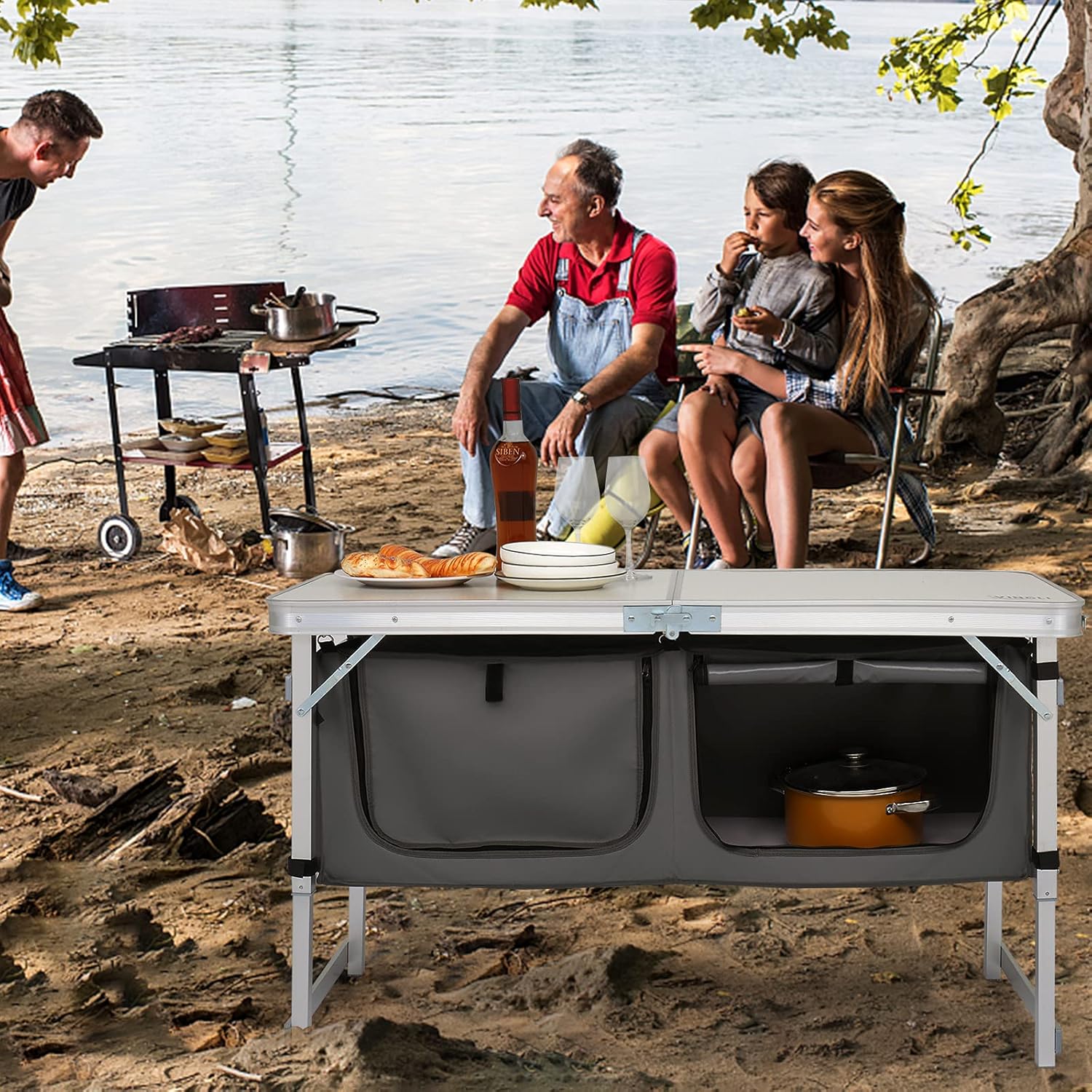 VINGLI Camping Folding Table with Storage Organizer, Height Adjustable Folding Utility Camp Tables, Portable Picnic Table for Camp, Beach, Party, BBQ Pack of 2