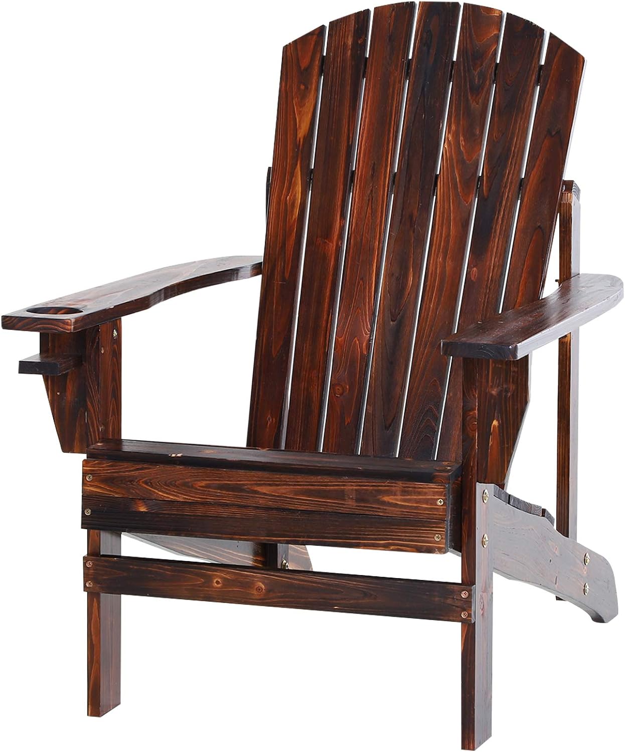 Outsunny Outdoor Classic Wooden Adirondack Deck Lounge Chair with Ergonomic Design & a Built-in Cup Holder, Brown