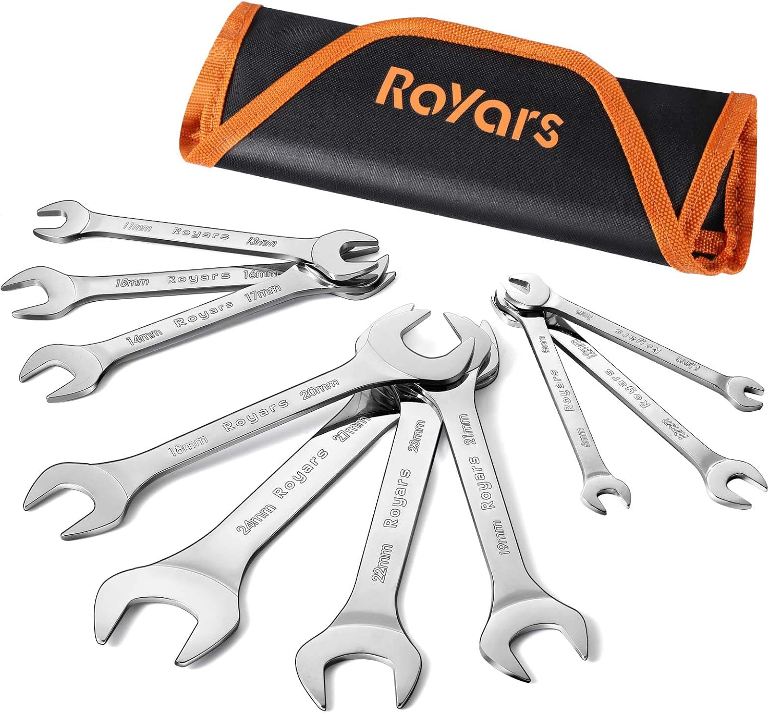 Royars 3mm Super Thin Wrenches Set, 10pcs, Metric, Dual Open End, Full Set 5.5 to 27mm, Chrome Finish Mirror Polished, Slim Spanner Wrench Set with Rolling Pouch for Tight Space, Narrow Nuts and Bolts