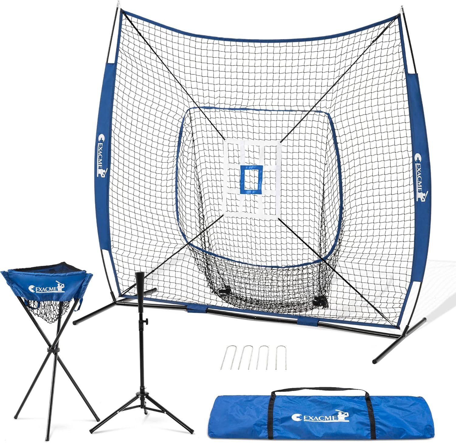 ExacMe 7&times;7 8&times;8 Baseball Softball Hitting Pitching Net with Tee, Strike Zone, Caddy, Safety Anchor and Carry Bag, Baseball Softball Practice Nets for Batting Training, Outdoor Backyard Garage Use