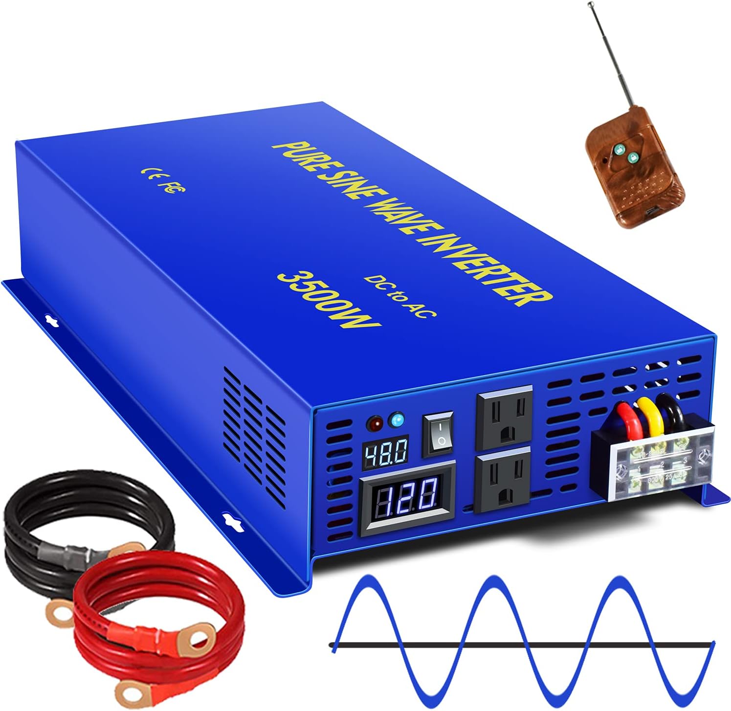 XYZ INVT 3500W Pure Sine Wave Inverter 48V DC to 110v 120V AC Surge 7000 Watt Power Inverter with Wireless 100ft Remote Switch for Solar System, Home Grid Off, Camping, RV. (3500W 48V 120V)