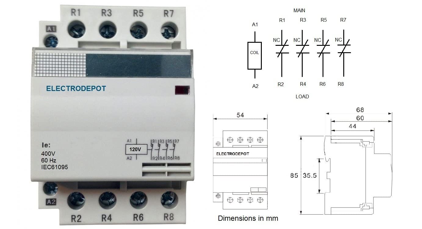934006 Contactor 60 Amp. 4 Pole Silent Operation Normally Closed (N.C.) 63A Lighting, 40A Inductive Free DIN Rail.