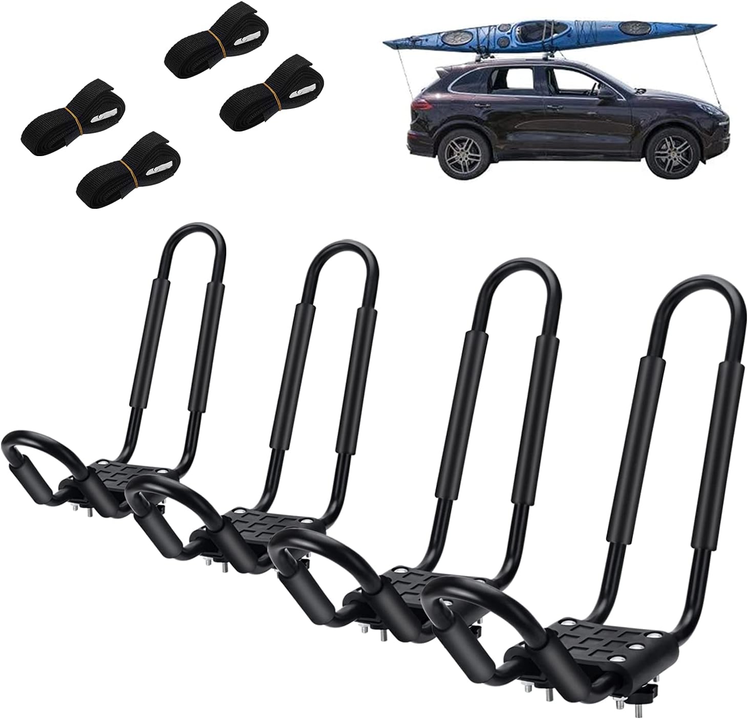 Asomer 2 Pairs Kayak Roof Rack, J Bar Kayak Carrier Racks for Canoe, SUV, Cars, Truck, Jeep Car Top Mount Racks for Trip with 4 Straps Pack of 2