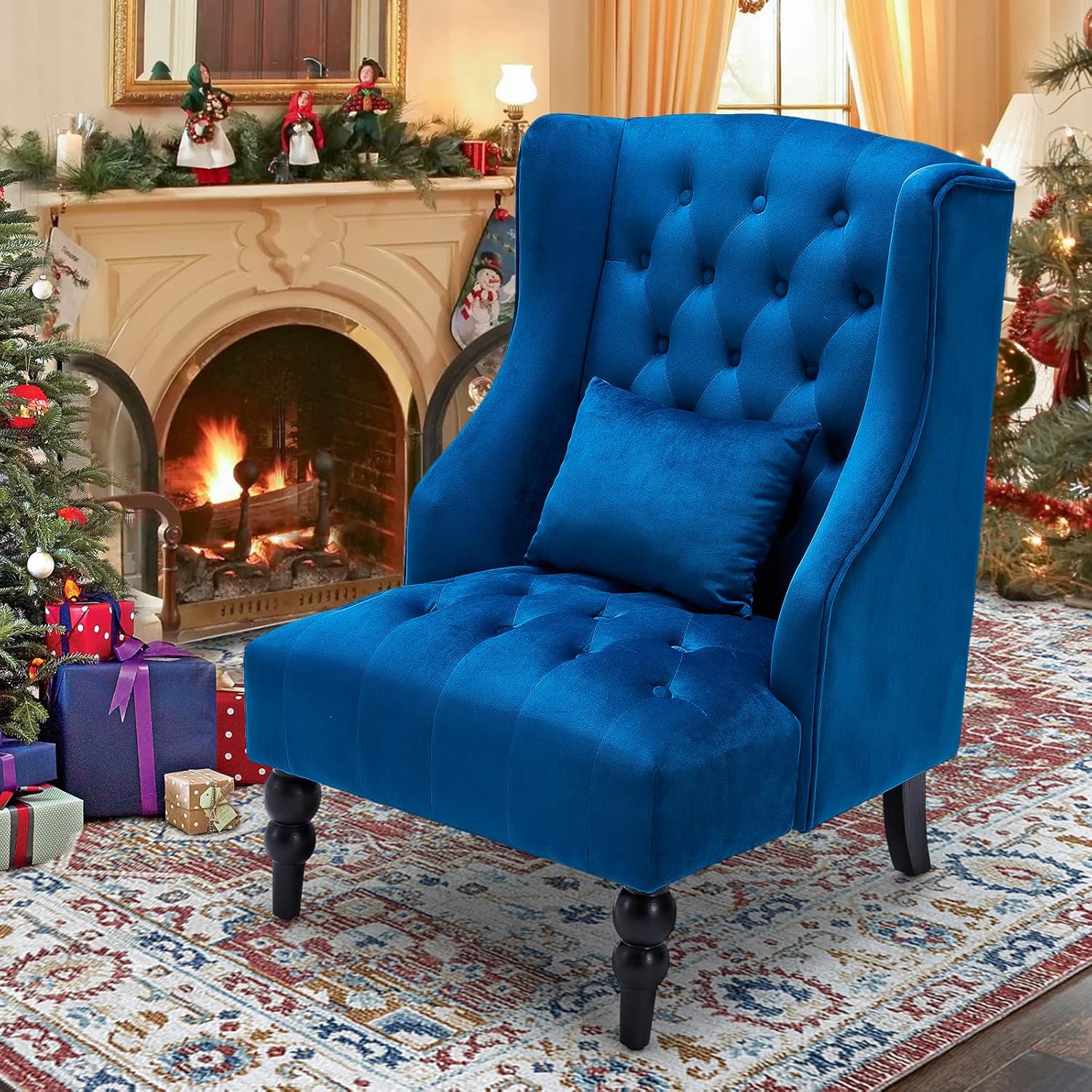 Esright Accent Chair, Wingback Tufted Fabric Armless Chair, Mid Century Modern Button-Tufted Style with Wooden Legs for Living Room, Grey Side Chair Set of 2, Hign Back Club Chair (Grey)