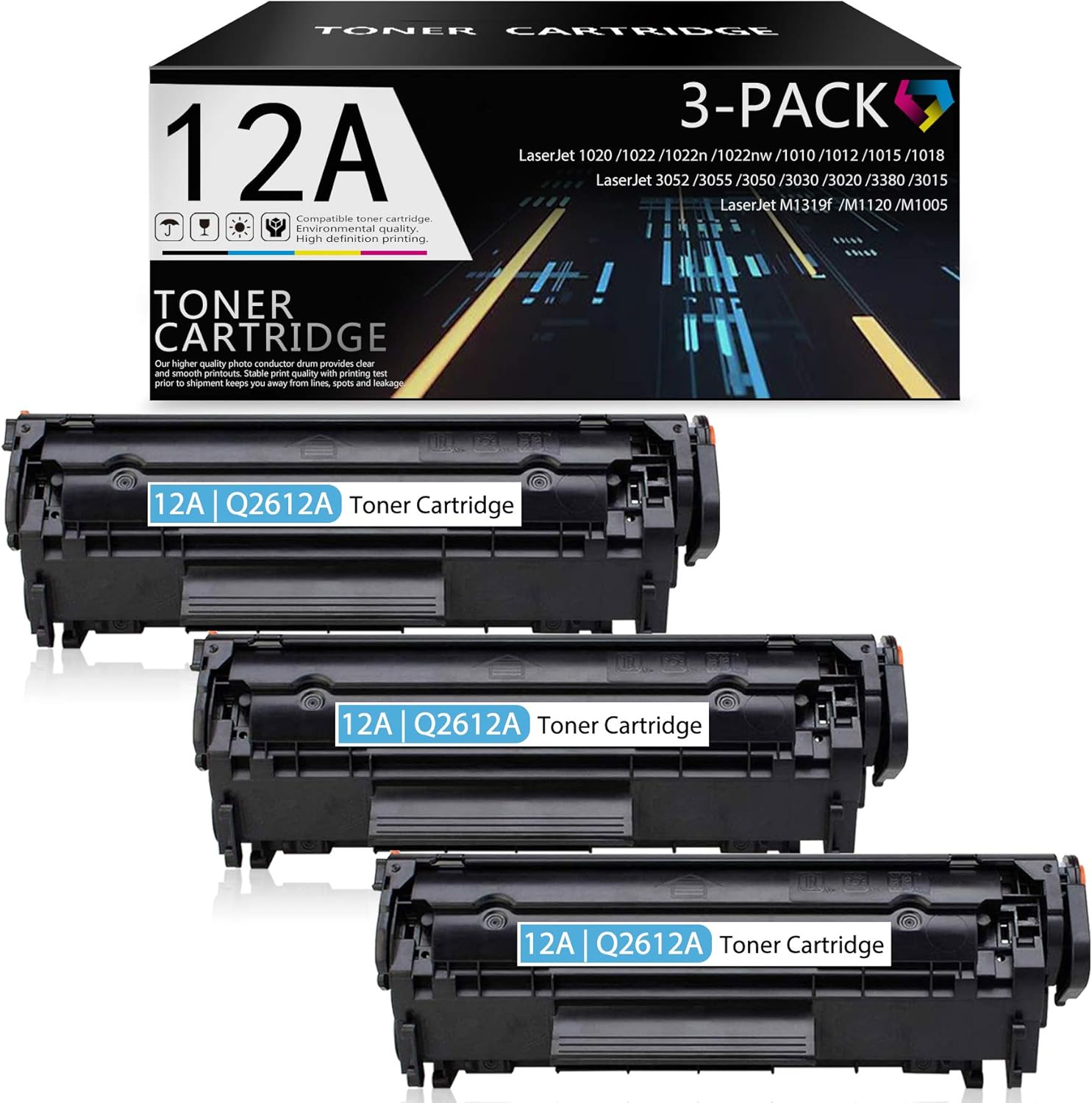 Compatible 12A | Q2612A Toner Cartridge (Black, 3-Pack) Replacement for HP 1022 1018 3052 3055 3050 3030 3020 3380 3015 M1319f M1120 M1005 1020 1022n 1022nw 1010 1012 1015 Printer Toner.