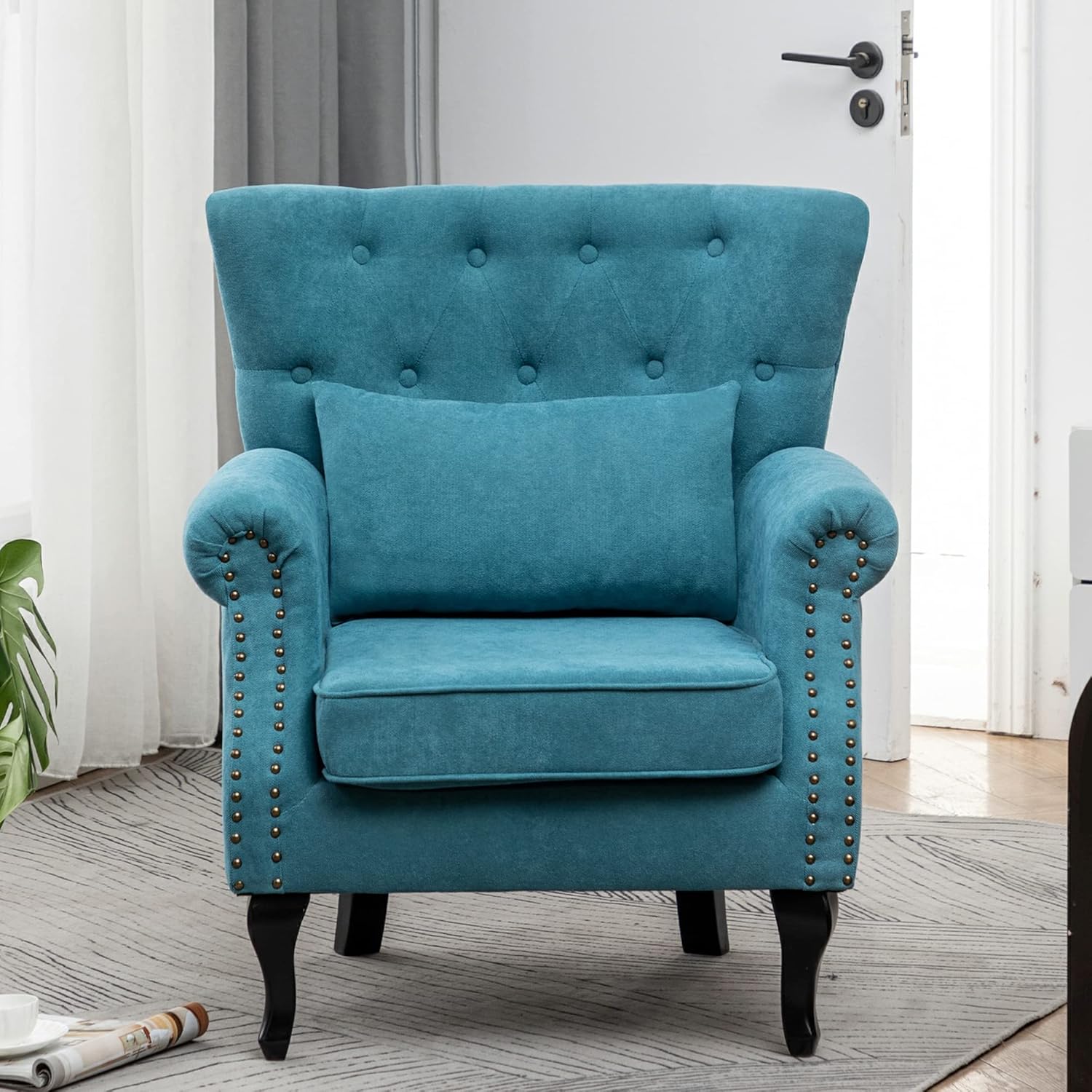 Accent Wingback Chair, KGOPK Modern Tufted Linen Club Chair, Rivet Roll Arm Chair for Living Room, Bedroom, Yelllow