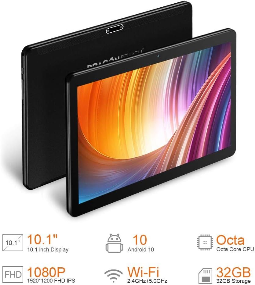 Dragon Touch Max10 Tablet, Android 10.0 OS, Octa-Core Processor, 3GB RAM, 32GB Storage, 10.1 inch Android Tablets, 1200x1920 IPS Full HD Display, 5G WiFi, USB Type C Port, Black