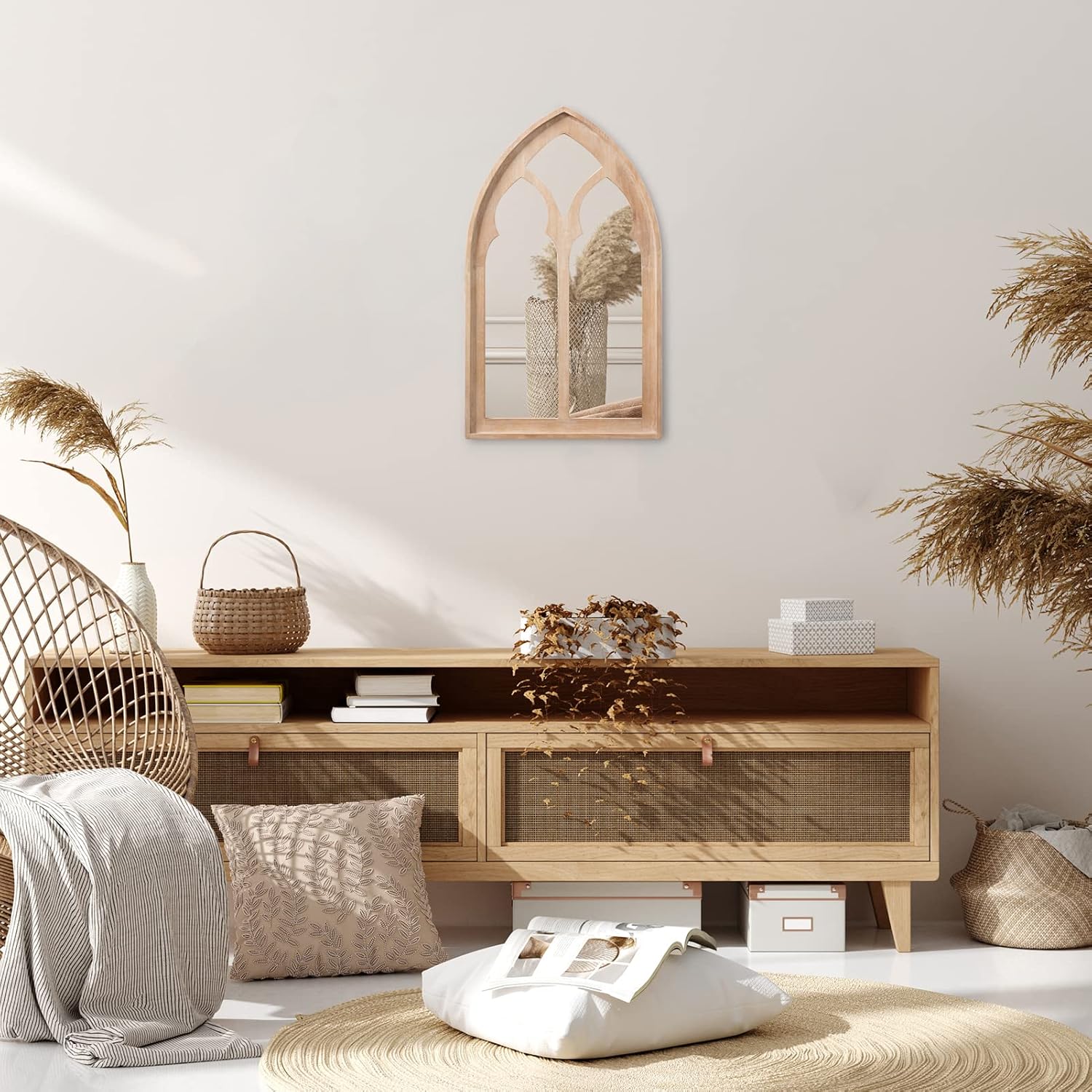 ALIMORDEN Gothic Style Arched Windowpane Wall Mirror Rustic Cathedral Wood Window Pane Accent Wall Mirror for Living Room Balcony Livingroom Washroom Natural