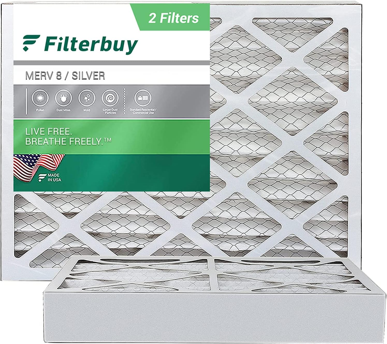 Filterbuy 20x25x4 Air Filter MERV 8, Pleated HVAC AC Furnace Filters (2-Pack, Silver)