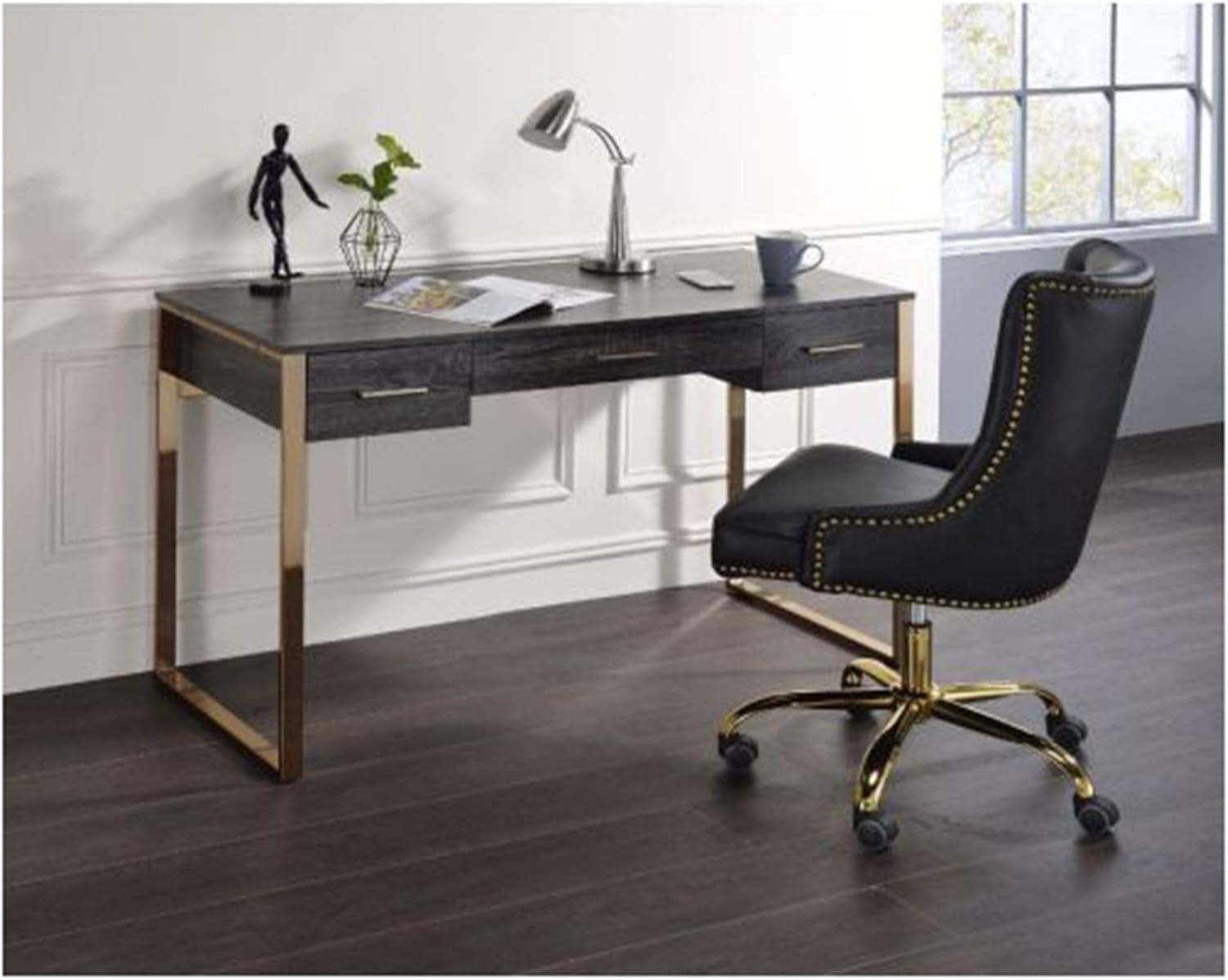 Laptop Study Writing Table Writing Desk, Champagne Gold and Black Finish Used in Office, Study, Living Room