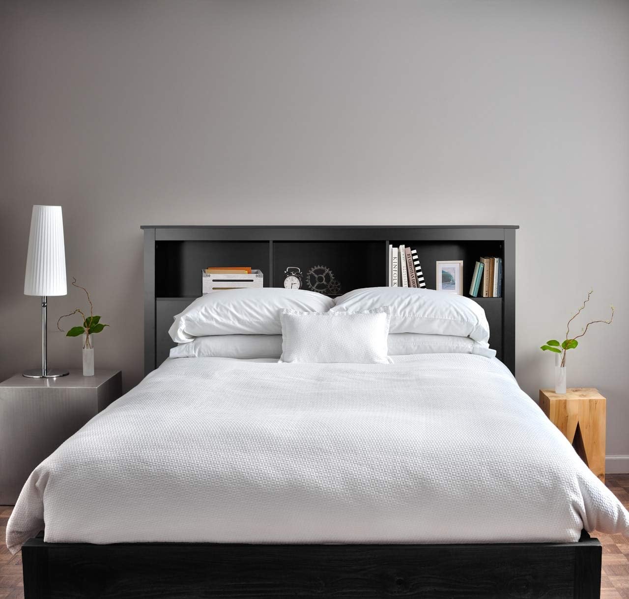 CAPHAUS Wood Bookcase Headboard with Storage, Bedroom Bookcase Headboard, Queen Size, Solid Black