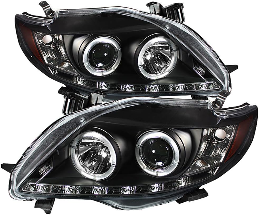 [For 2009-2010 Toyota Corolla] LED Strip Halo Ring Black Projector Headlight Headlamp Assembly, Driver & Passenger Side