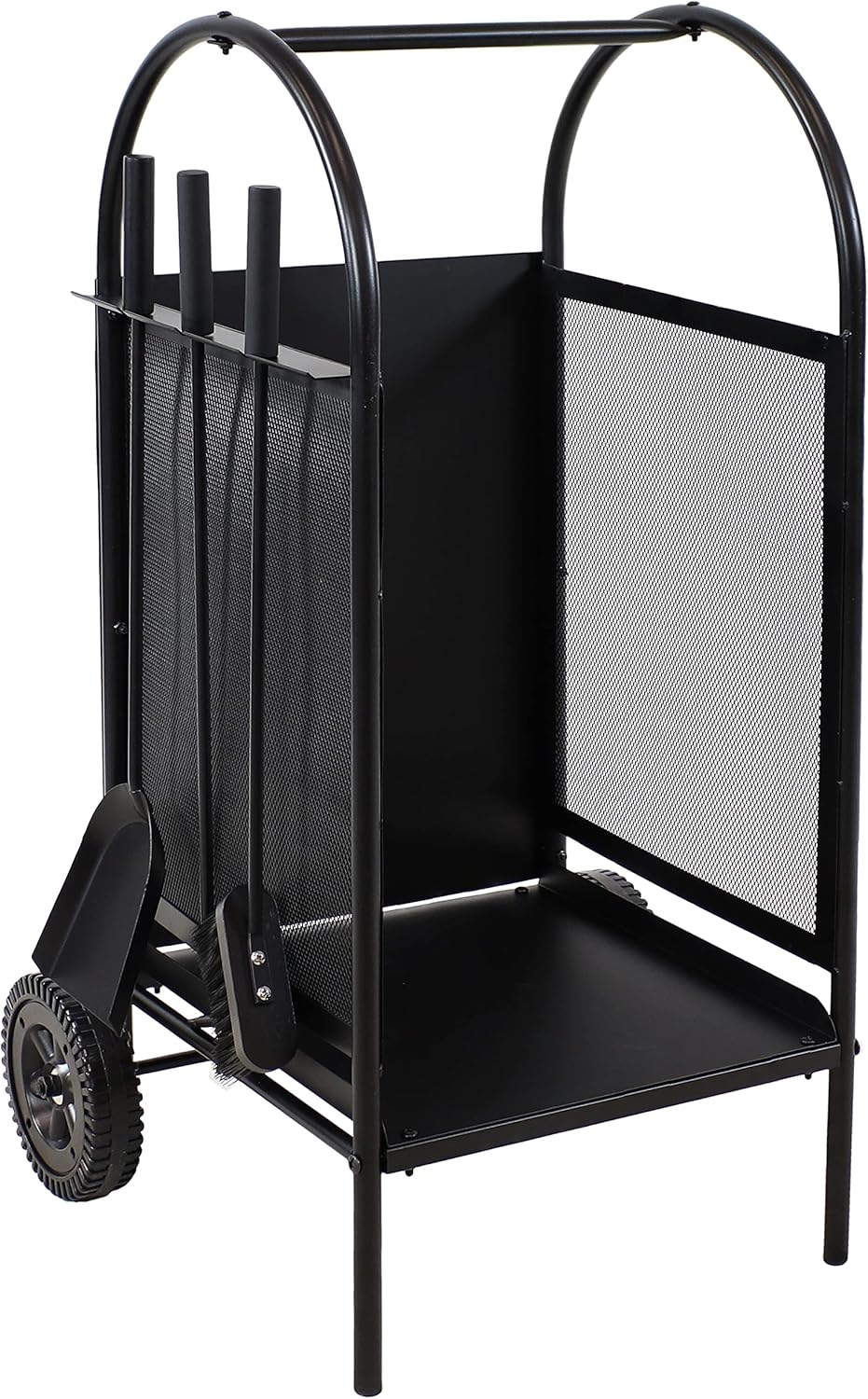 Sunnydaze Firewood Log Cart with Wheels and Fireplace Tool Set - Indoor/Outdoor Wrought Iron Firewood Rack and Poker, Shovel and Brush Tools with Steel Handles
