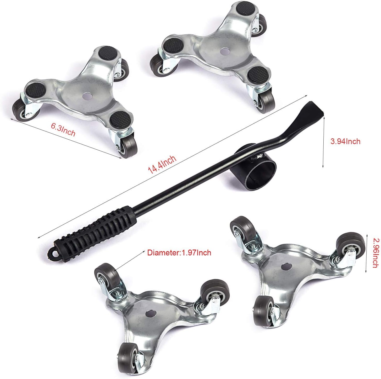 Furniture Dolly with Casters Triangle Iron Mover Heavy Moving Tool with Universal Wheel Portable Mover with Crowbar Three Wheel Mover Dolly for Furniture Heavy Objects 4 Packs with 1 Crowba (Silver)