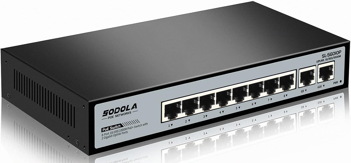 SODOLA 8 Port Gigabit PoE Switch with 2 Gigabit Ethernet Uplink ,8 PoE+ Ports 1000Mbp,120W 48V Built-in Power,802.3af/at Compliant,Fanless Metal,Plug & Play Unmanaged PoE Network Switch Pack of 2