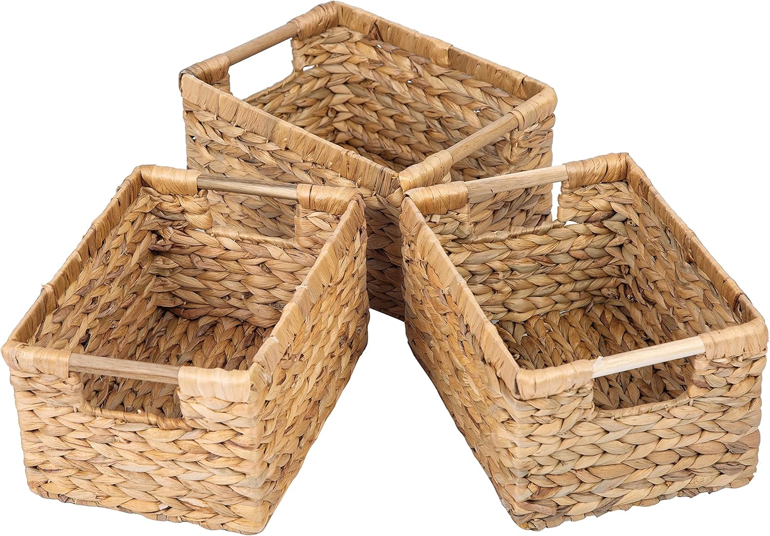 Natural Water Hyacinth storage basket with Handle, Rectangular Wicker Basket for Organizing, Decorative Wicker Storage Basket for Living Room, Medium Wicker Basket 12.5 x 8.9 x 6.7 inches - 3 Pack