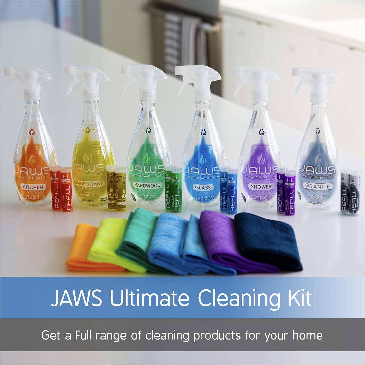 JAWS Cleaners Ultimate Cleaning Kit, Multi-Surface Kitchen, Glass, Shower, Granite, Hardwood Floor and Disinfectant, 2 Refill Pods of Each, Includes Microfiber Cloths Pack of 2