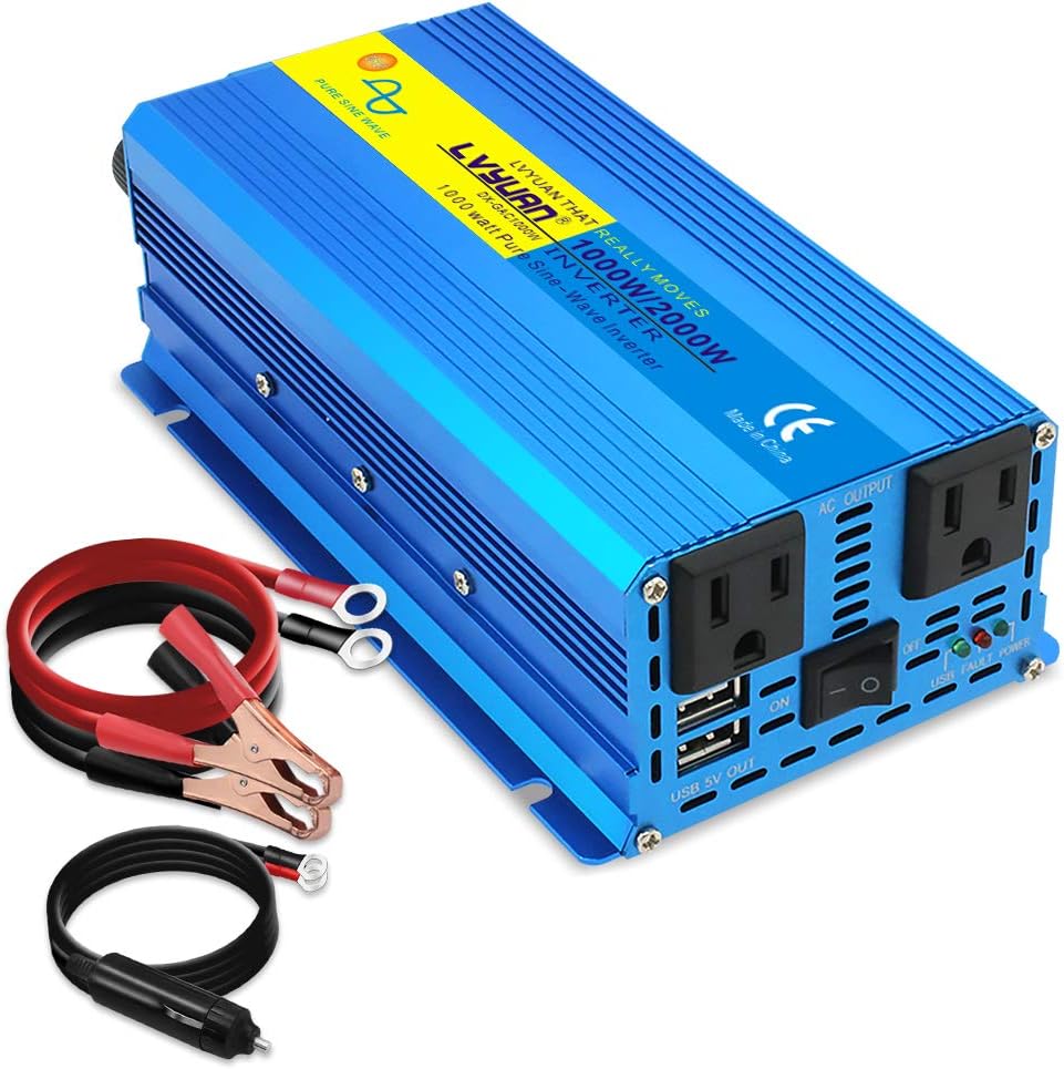 LVYUAN 1000W Pure Sine Wave Power Inverter 12V to 110V DC to AC Converter with Dual USB Ports and Dual AC Outlets for Car, RV, Truck, Home Solar System