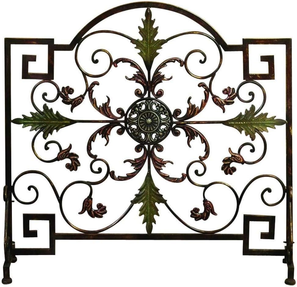 Benzara Domed Top Leaf Patterned Single Panel Metal Fire Screen, Bronze and Green Pack of 2