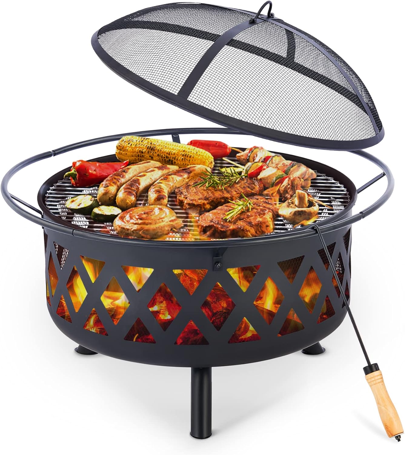 CO-Z 30-Inch Outdoor Fire Pit, Large Round Wood Burning Fire Pit, Cross Weave Portable Fire Pit for Outside Patio Backyard Camping Bonfire More with BBQ Grill, Screen, Poker, Waterproof Cover