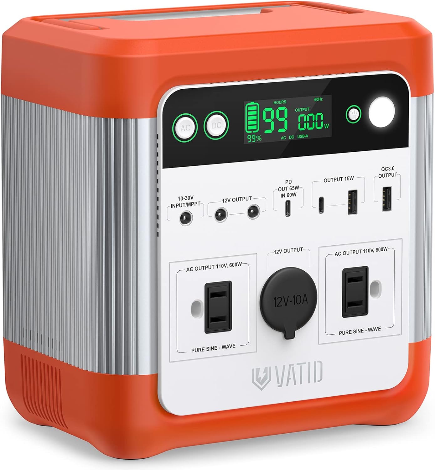 VATID 600W Portable Power Station,3.5hrs Fully Recharge,518Wh Solar Generator,110V AC,12V Regulated DC,USB PD Input/Output,Battery Power Generator for Camping Blackout,Shipped from CA (Orange)