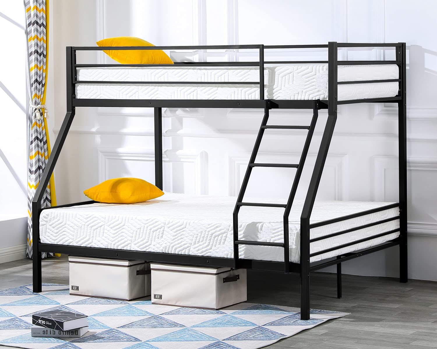 Bonnlo Bunk Bed Twin Over Full Sturdy Metal Bed Frame with Flat Ladder and Guardrail for Adults/Children/Teens, Black