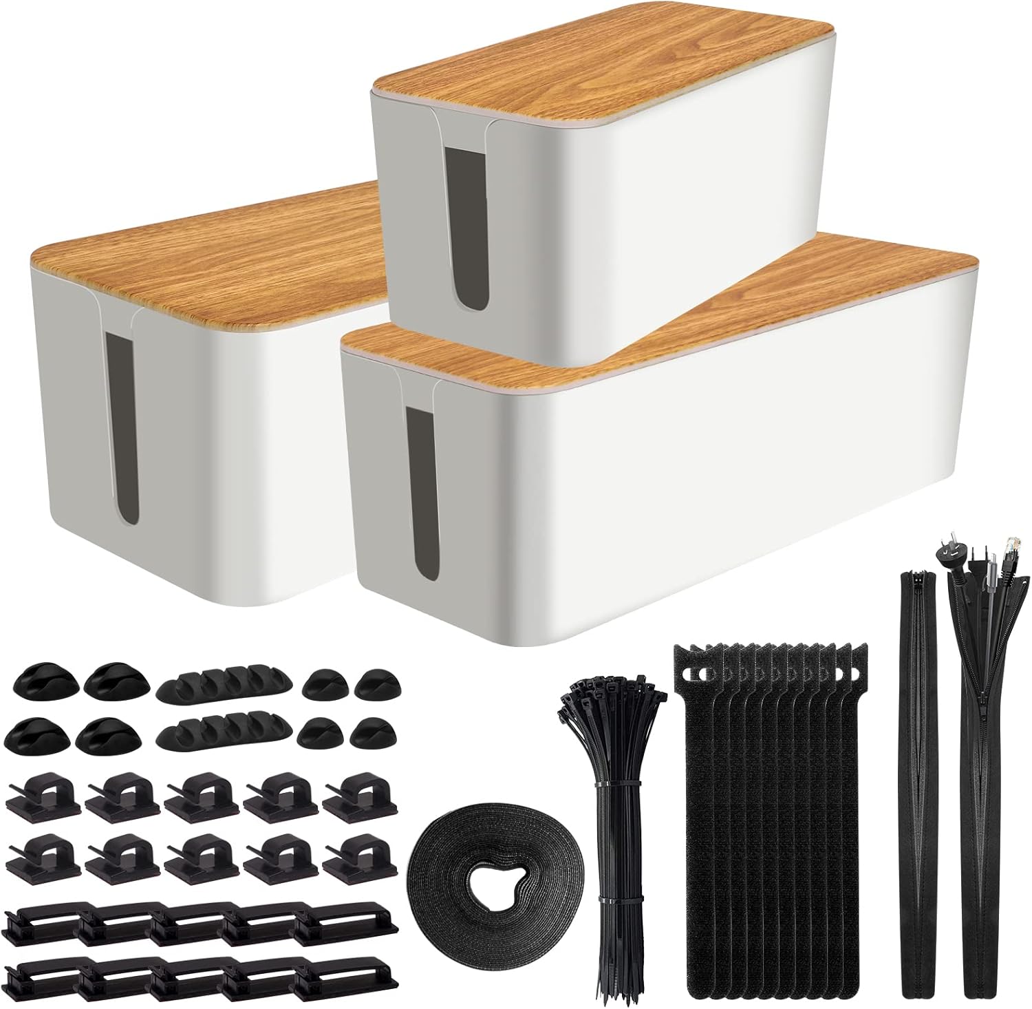 Cable Management Box 145PCS Cable Management for Power Strip with 3 Cord Organizer Boxes & 142PCS Cord Management Wire Organizer of Cable Clips&Cable Sleeve to Hide Wires & Cables for Home&Office Pack of 2