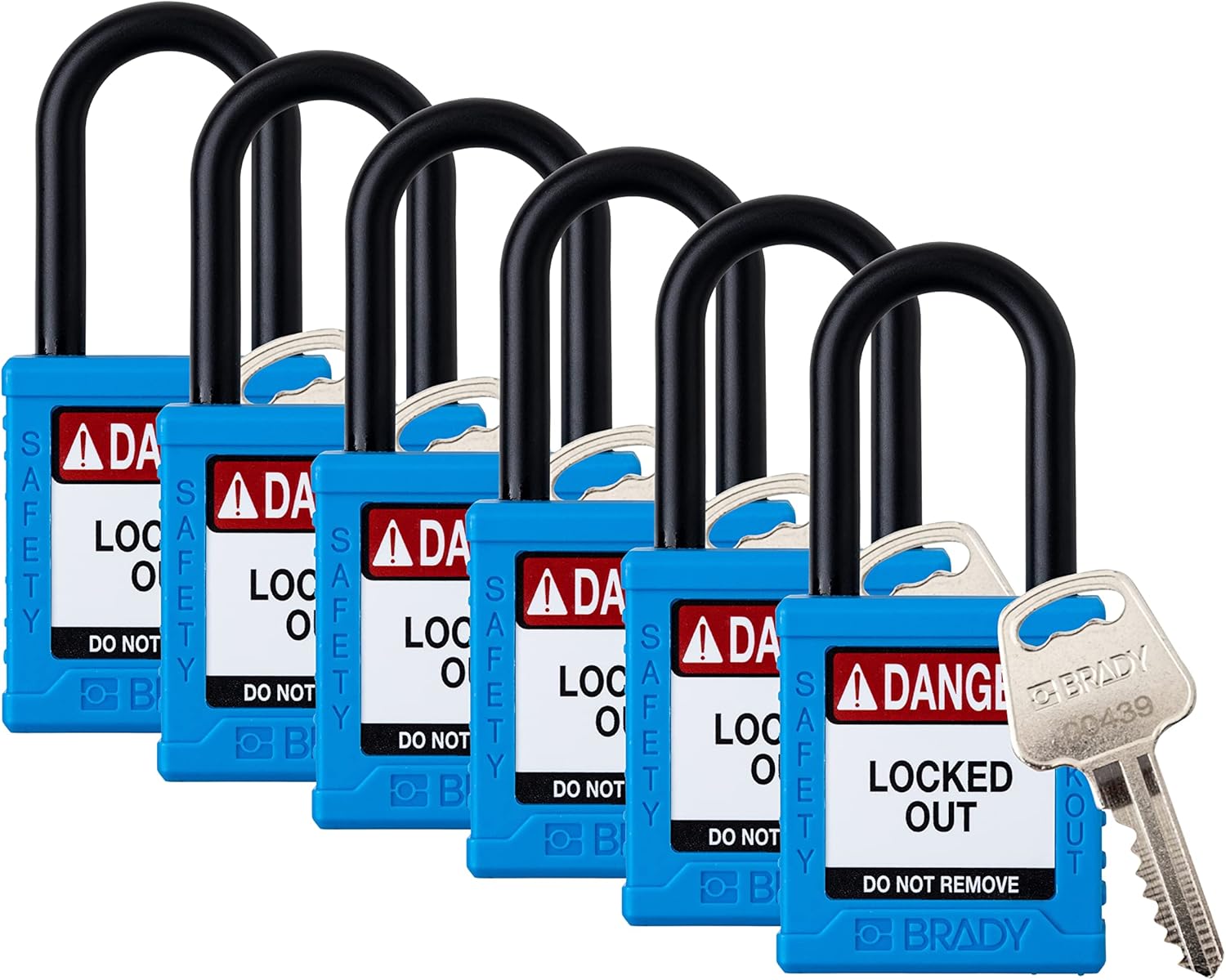 Brady Safety Lockout Padlock Sets - 6 Pack - Blue - Keyed Alike Safety Lockout Padlocks - 1 Key Per Lock - SDPL-BLU-38PL-KA6