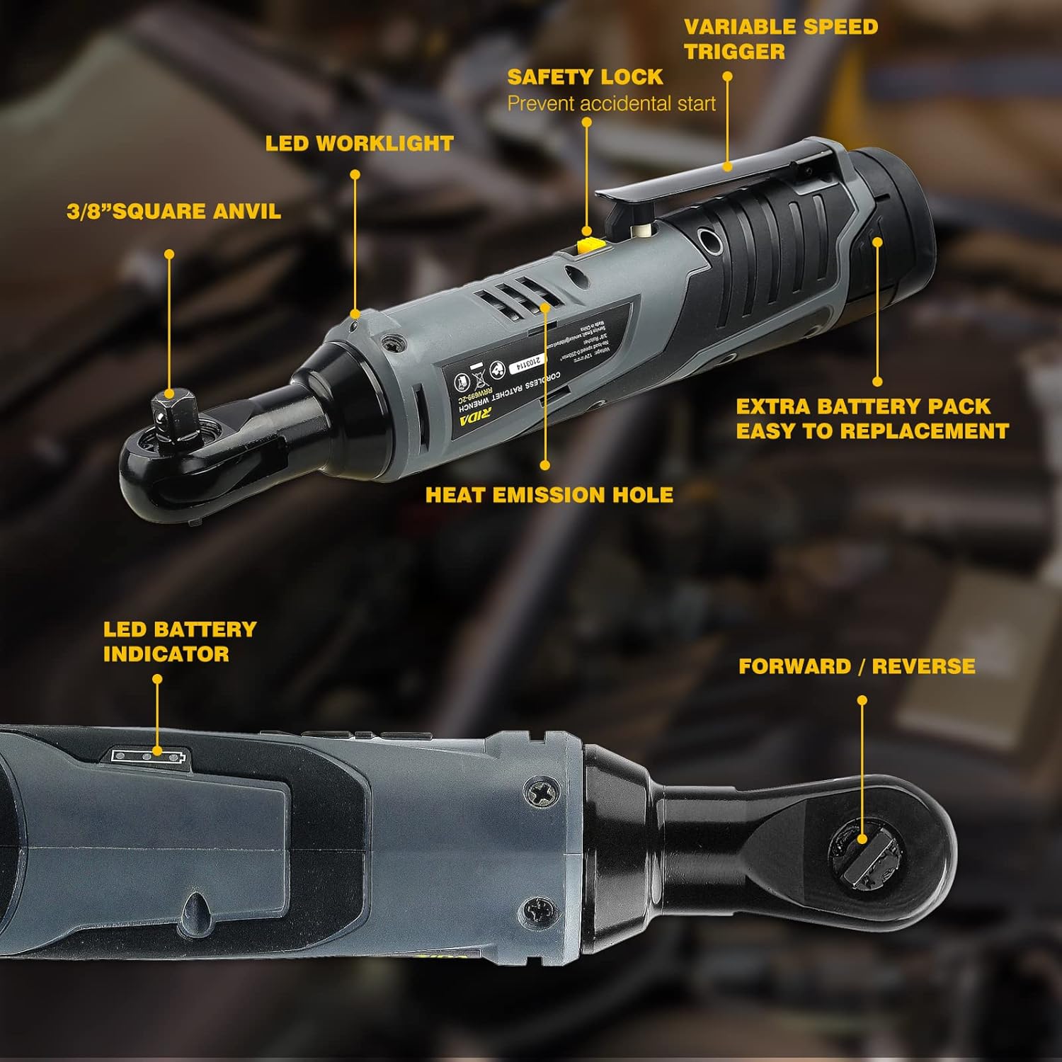 RIDA Cordless Electric Ratchet Wrench 3/8'' 460In-lbs 400 RPM 12V Power Ratchet Wrench Tool with 2-Pack 2.0Ah Lithium-Ion Battery and 60-Min Fast Charger, Variable Speed Trigger 8 Sockets LED Light