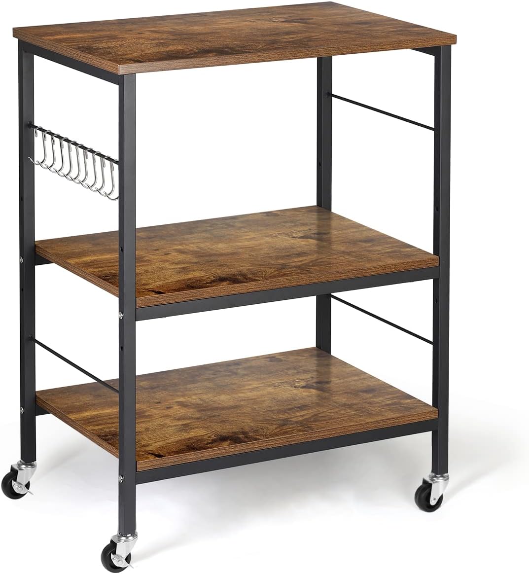 Kitchen Islands Carts On Wheels 3-Tier Industrial Wood Microwave Rack Cart Bakers Stand Rack and Rolling Rack with 10 Hooks and Adjustable Shelves for Dining Room, Living Room, Home Office