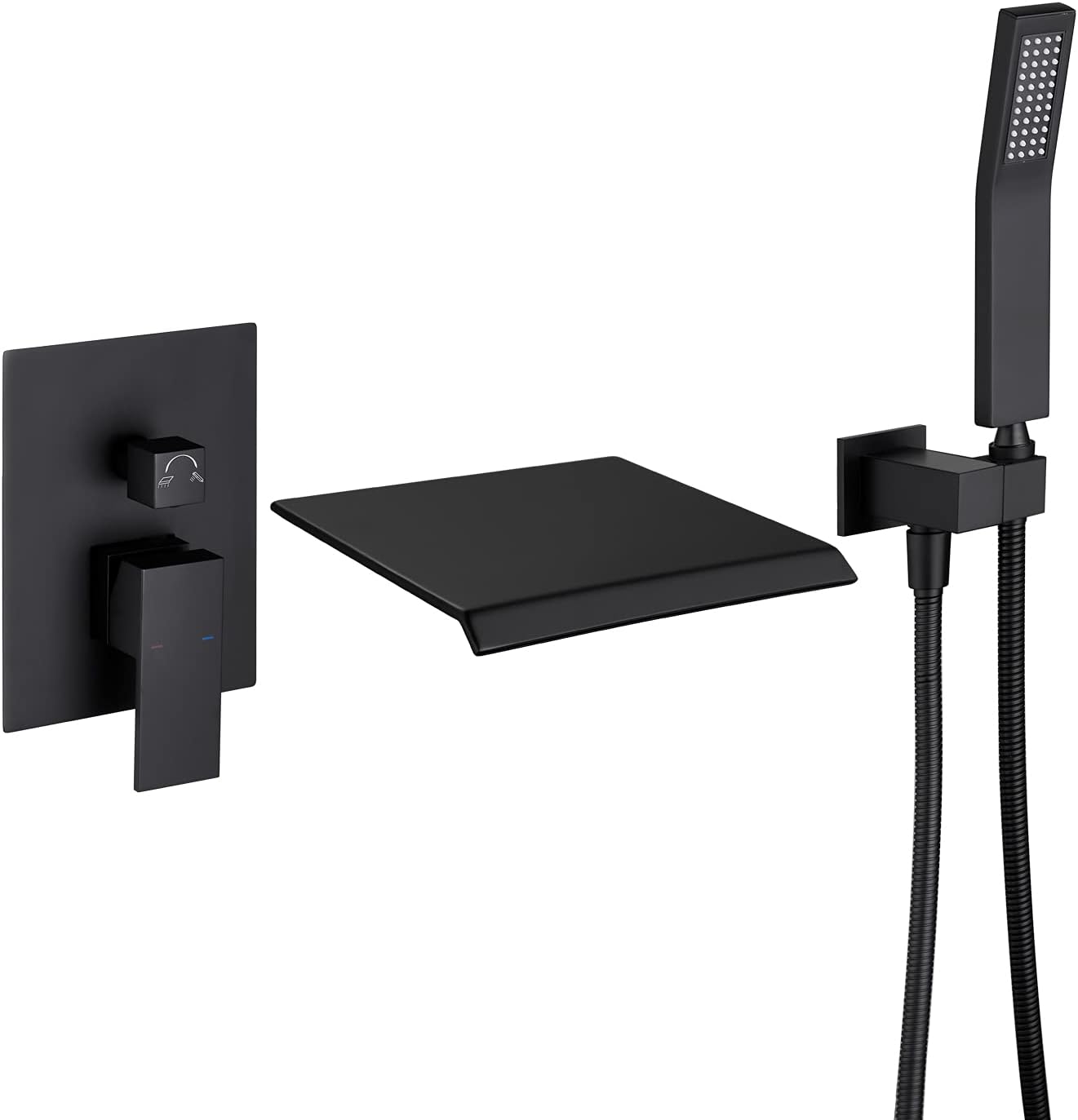 Jabbol Waterfall Tub Faucet Wall Mount Roman Tub Filler Black Single Handle Brass Bathroom Bathtub Faucet with Hand Shower