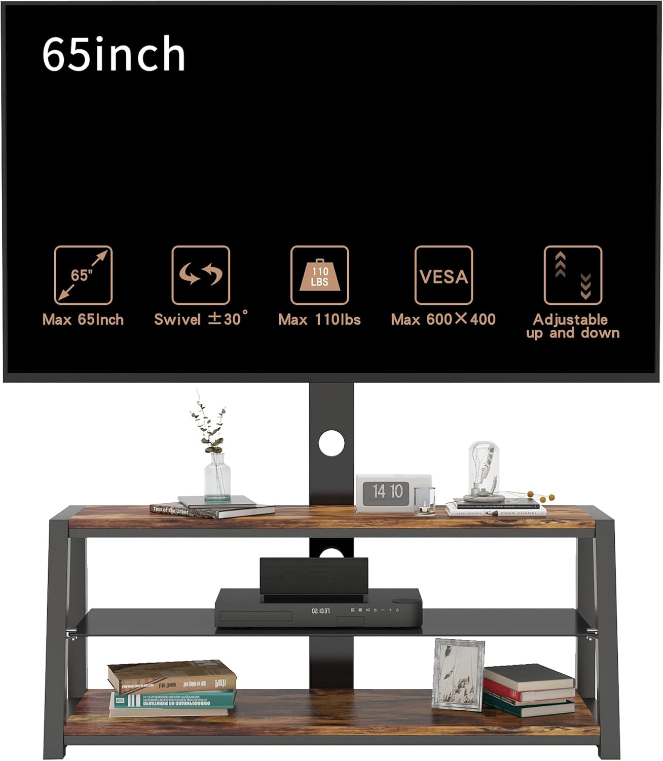 MIYACA Swivel Floor TV Stand with Angle and Height Adjustable Tempered Wooden TV Stand,for Most 32