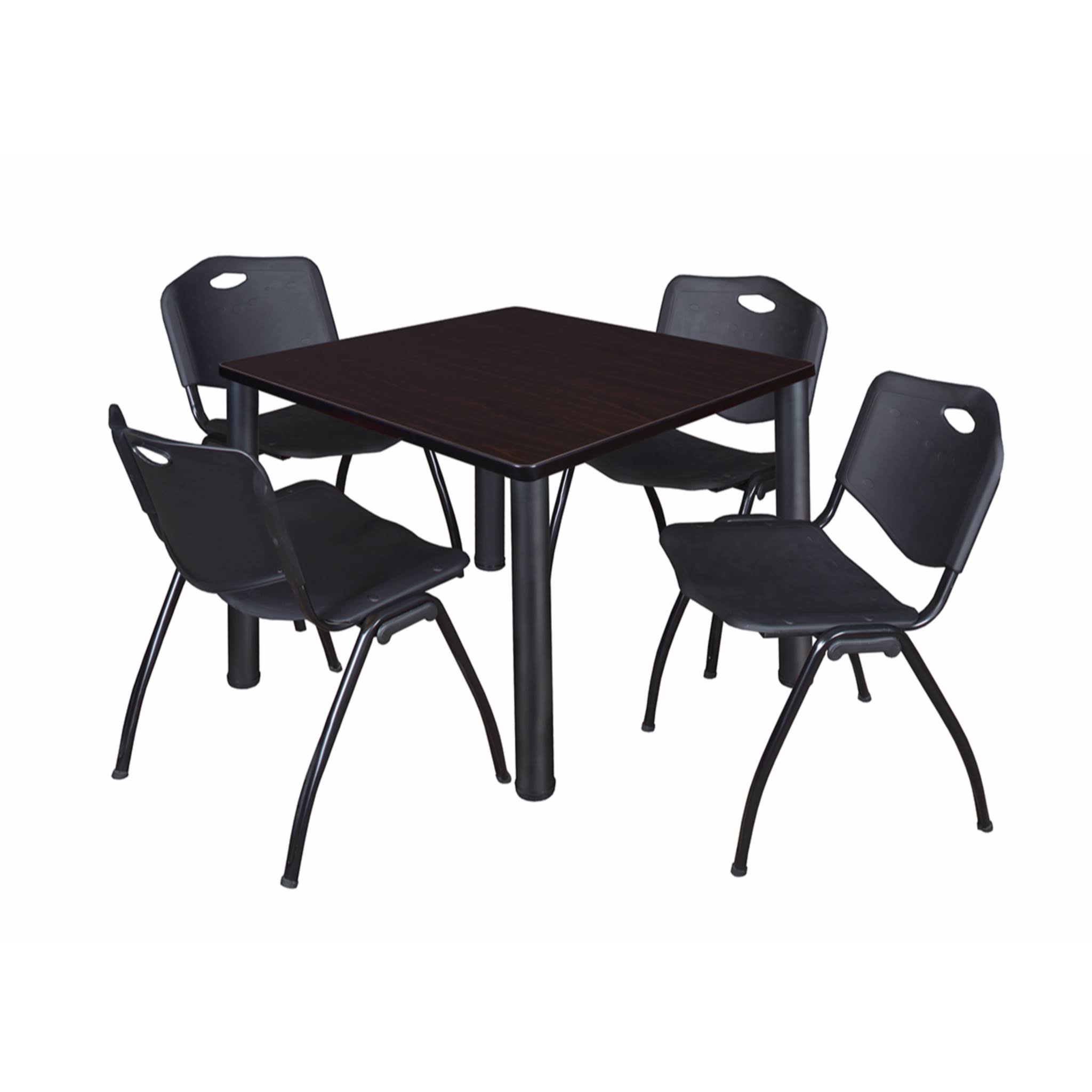 Regency Kee 42x22 Square Breakroom Table- Mocha Walnut/ Black u0026 4 &M& Stack Chairs- Black